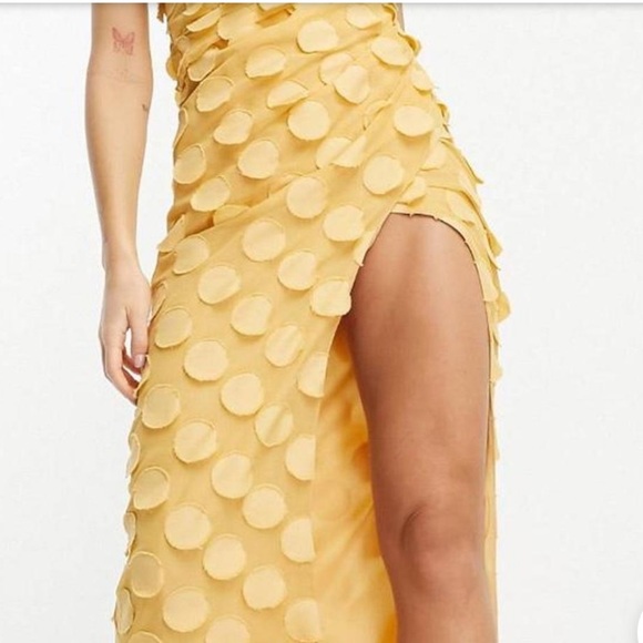 ASOS Thin Straps High Thigh Slit Cowl Neck Pale Yellow Textured Circle Dress - Picture 15 of 16